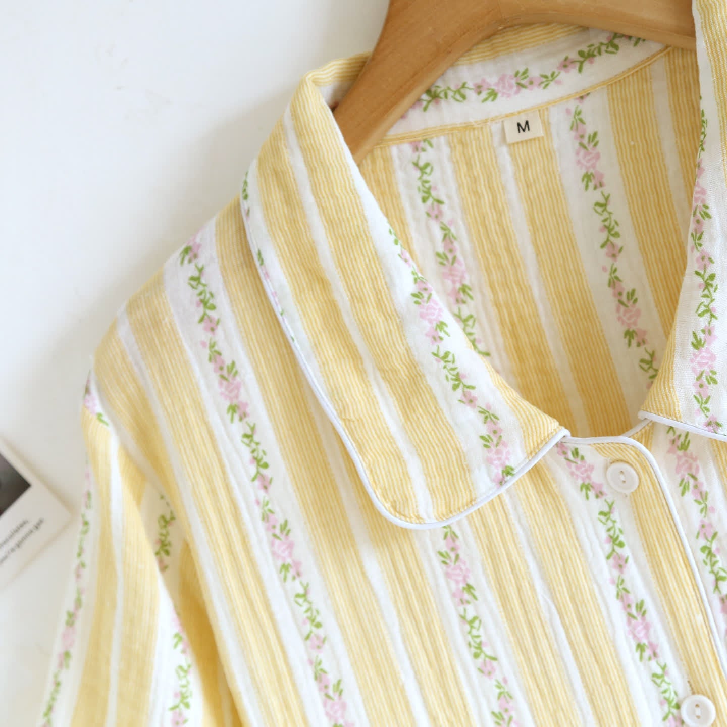 Floral Stripe Button Front Loungewear Set After Bath Autumn Breathable Button Front Casual Chest Pocket Comfortable Contrast Piping Cotton Cotton Gauze Crinkled Texture Elastic Waist Floral Stripe Homewear Indoor L Lightweight Loose Fit Lounge Set Loungewear M Minimalist Notched Collar Outdoor Pajama Pajama Set Pure Cotton Pyjama Set Set Short Sleeve Shorts Set Sleepwear Soft Cotton Spring Summer Two Piece Set Vintage Inspired Warm Weather women Woven Pajamas XL Yellow