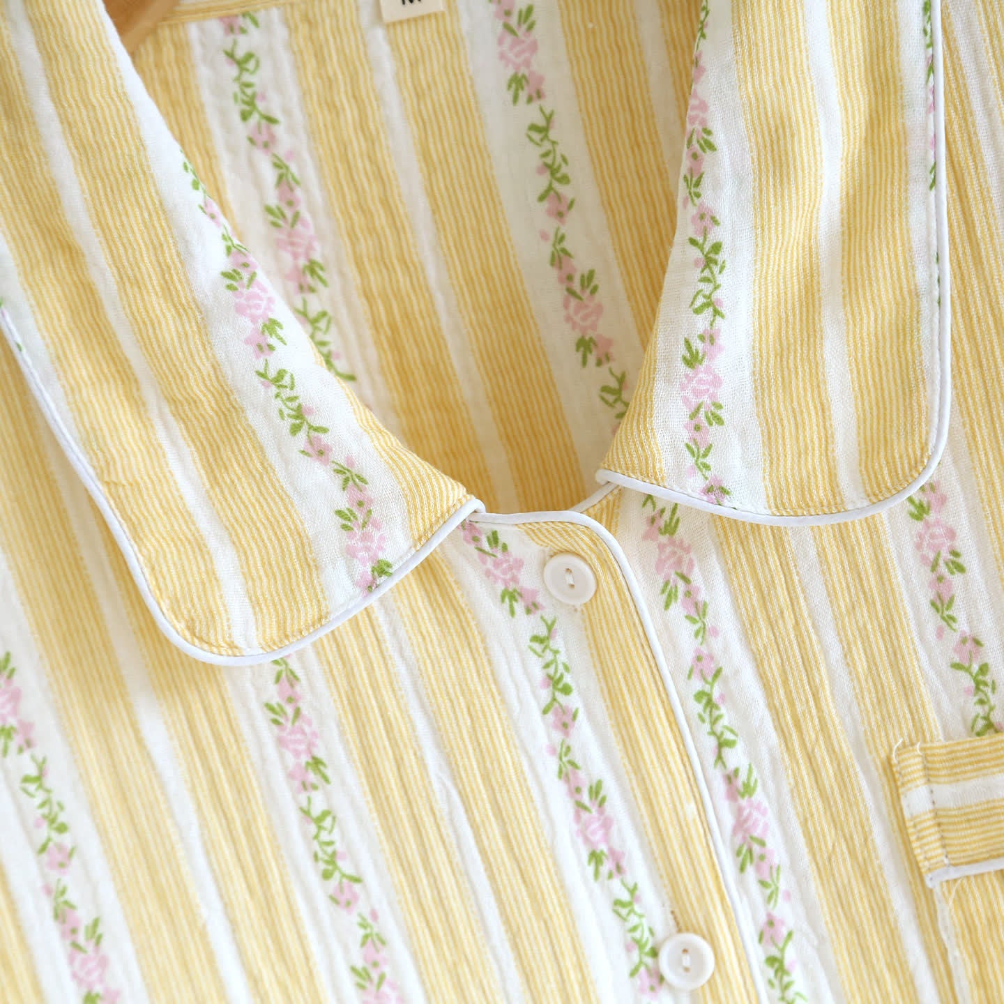 Floral Stripe Button Front Loungewear Set After Bath Autumn Breathable Button Front Casual Chest Pocket Comfortable Contrast Piping Cotton Cotton Gauze Crinkled Texture Elastic Waist Floral Stripe Homewear Indoor L Lightweight Loose Fit Lounge Set Loungewear M Minimalist Notched Collar Outdoor Pajama Pajama Set Pure Cotton Pyjama Set Set Short Sleeve Shorts Set Sleepwear Soft Cotton Spring Summer Two Piece Set Vintage Inspired Warm Weather women Woven Pajamas XL Yellow