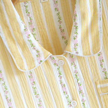 Floral Stripe Button Front Loungewear Set After Bath Autumn Breathable Button Front Casual Chest Pocket Comfortable Contrast Piping Cotton Cotton Gauze Crinkled Texture Elastic Waist Floral Stripe Homewear Indoor L Lightweight Loose Fit Lounge Set Loungewear M Minimalist Notched Collar Outdoor Pajama Pajama Set Pure Cotton Pyjama Set Set Short Sleeve Shorts Set Sleepwear Soft Cotton Spring Summer Two Piece Set Vintage Inspired Warm Weather women Woven Pajamas XL Yellow