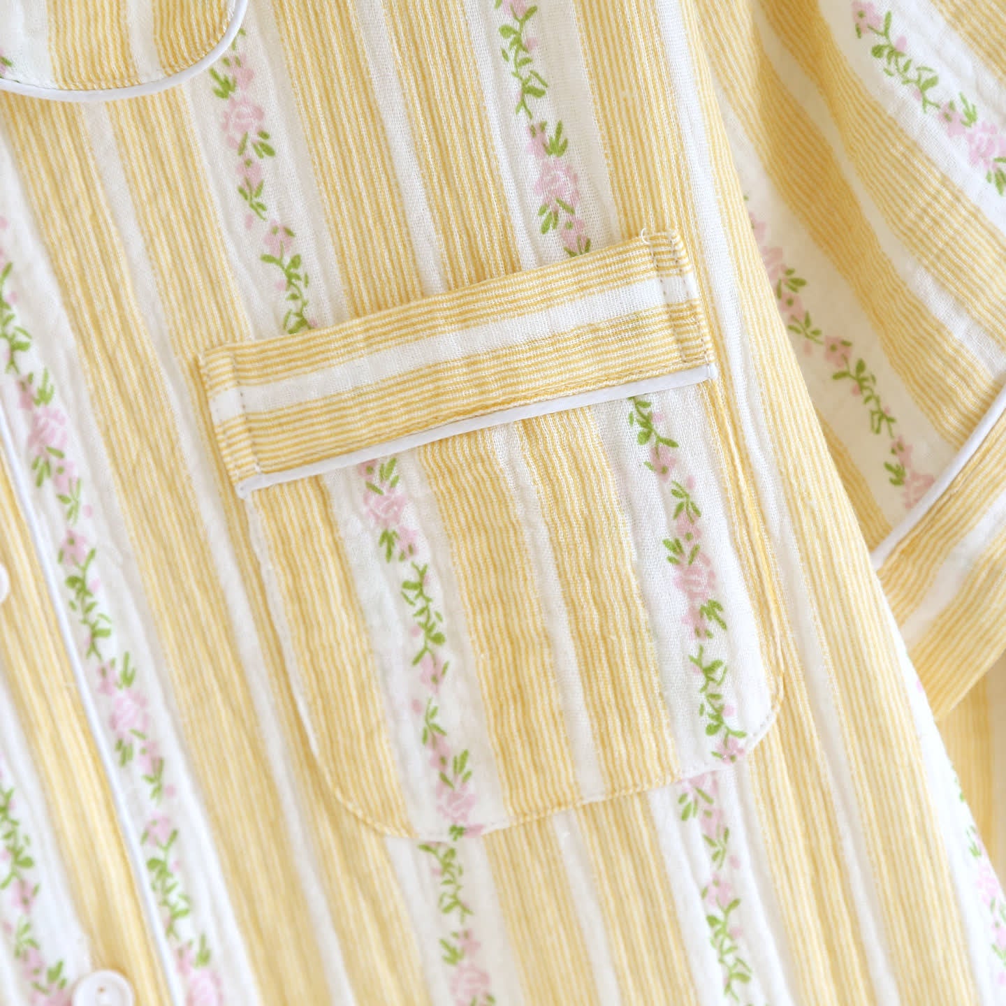 Floral Stripe Button Front Loungewear Set After Bath Autumn Breathable Button Front Casual Chest Pocket Comfortable Contrast Piping Cotton Cotton Gauze Crinkled Texture Elastic Waist Floral Stripe Homewear Indoor L Lightweight Loose Fit Lounge Set Loungewear M Minimalist Notched Collar Outdoor Pajama Pajama Set Pure Cotton Pyjama Set Set Short Sleeve Shorts Set Sleepwear Soft Cotton Spring Summer Two Piece Set Vintage Inspired Warm Weather women Woven Pajamas XL Yellow
