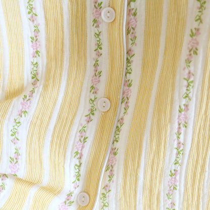 Floral Stripe Button Front Loungewear Set After Bath Autumn Breathable Button Front Casual Chest Pocket Comfortable Contrast Piping Cotton Cotton Gauze Crinkled Texture Elastic Waist Floral Stripe Homewear Indoor L Lightweight Loose Fit Lounge Set Loungewear M Minimalist Notched Collar Outdoor Pajama Pajama Set Pure Cotton Pyjama Set Set Short Sleeve Shorts Set Sleepwear Soft Cotton Spring Summer Two Piece Set Vintage Inspired Warm Weather women Woven Pajamas XL Yellow