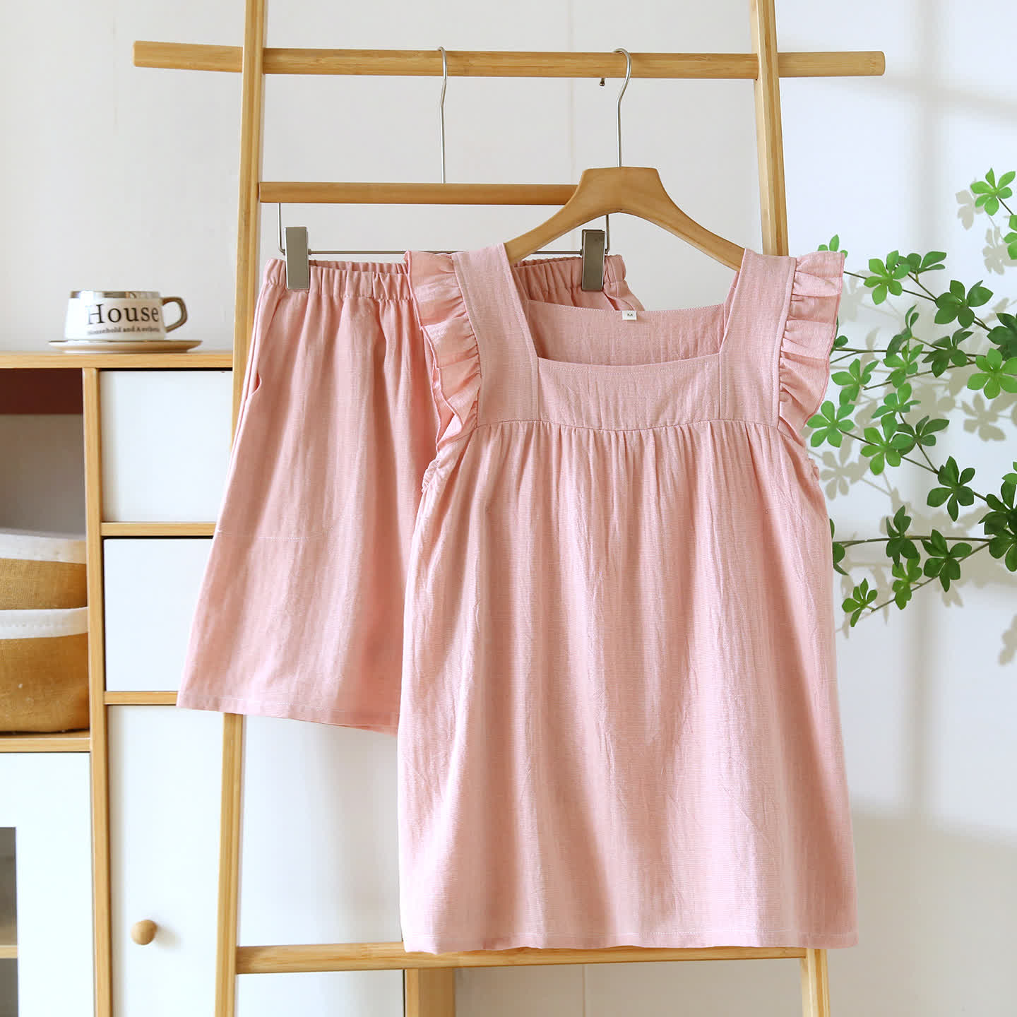 Breezy Ruffle Trim Cotton Lounge Set Breathable Casual Cotton Cotton Linen Blend Elastic Waist Flutter Sleeve Homewear L Lightweight Loose Fit Loungewear Matching Set Pajama Pajama Set Pullover Style Set Sleepwear Sleeveless Sleeveless Top Soft Cotton Solid Color Spring Summer Two Piece Set women