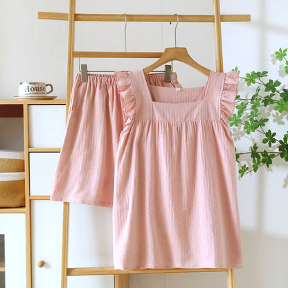 Breezy Ruffle Trim Cotton Lounge Set Breathable Casual Cotton Cotton Linen Blend Elastic Waist Flutter Sleeve Homewear L Lightweight Loose Fit Loungewear Matching Set Pajama Pajama Set Pullover Style Set Sleepwear Sleeveless Sleeveless Top Soft Cotton Solid Color Spring Summer Two Piece Set women