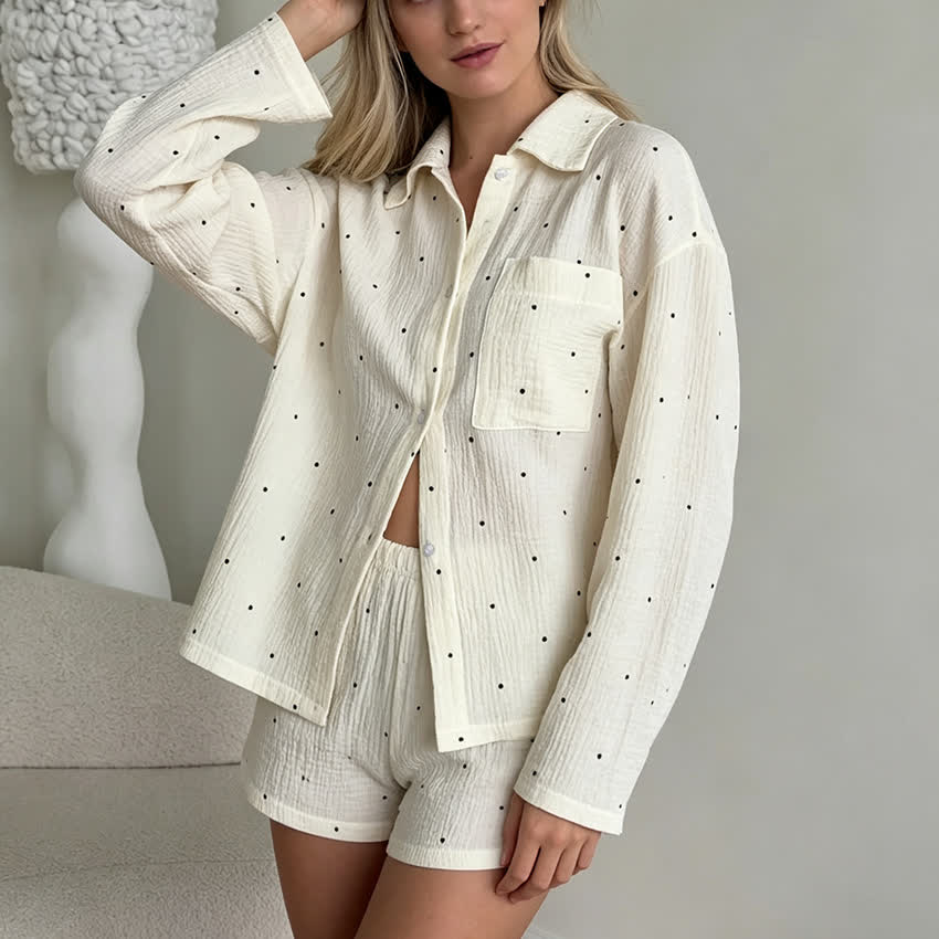 Collared Dot Print Cotton Pajama Set
