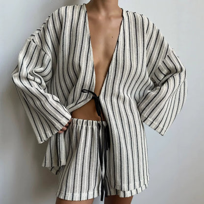 Effortless Stripe Cotton Wrap Resort Loungewear Set