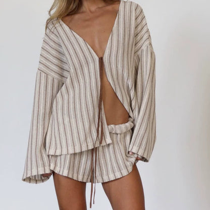 Effortless Stripe Cotton Wrap Resort Loungewear Set