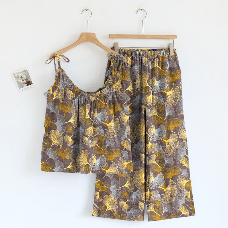 Retro Ginkgo‑Leaf Cotton Cami Lounge Set