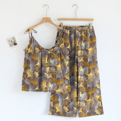 Retro Ginkgo‑Leaf Cotton Cami Lounge Set