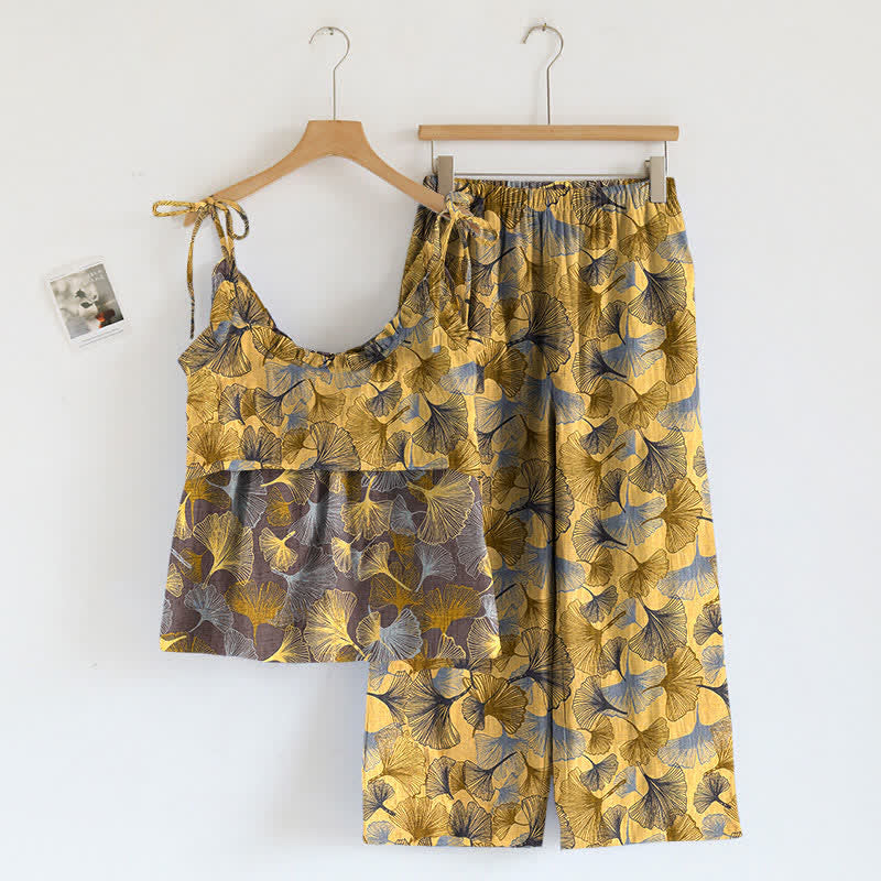 Retro Ginkgo‑Leaf Cotton Cami Lounge Set