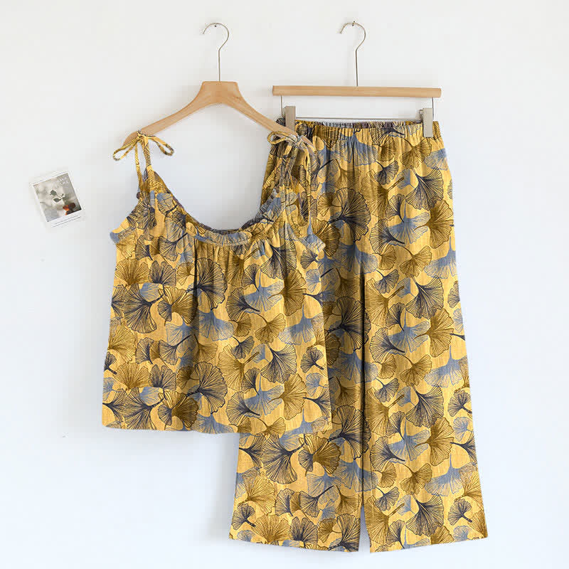 Retro Ginkgo‑Leaf Cotton Cami Lounge Set