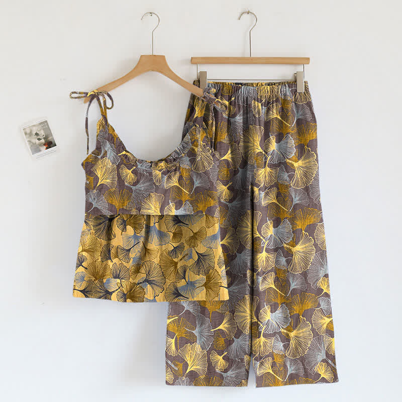 Retro Ginkgo‑Leaf Cotton Cami Lounge Set