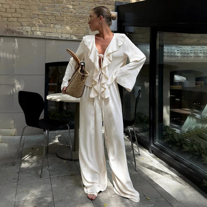 Romantic Ruffle Tie‑Front Loungewear Set