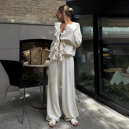 Romantic Ruffle Tie‑Front Loungewear Set