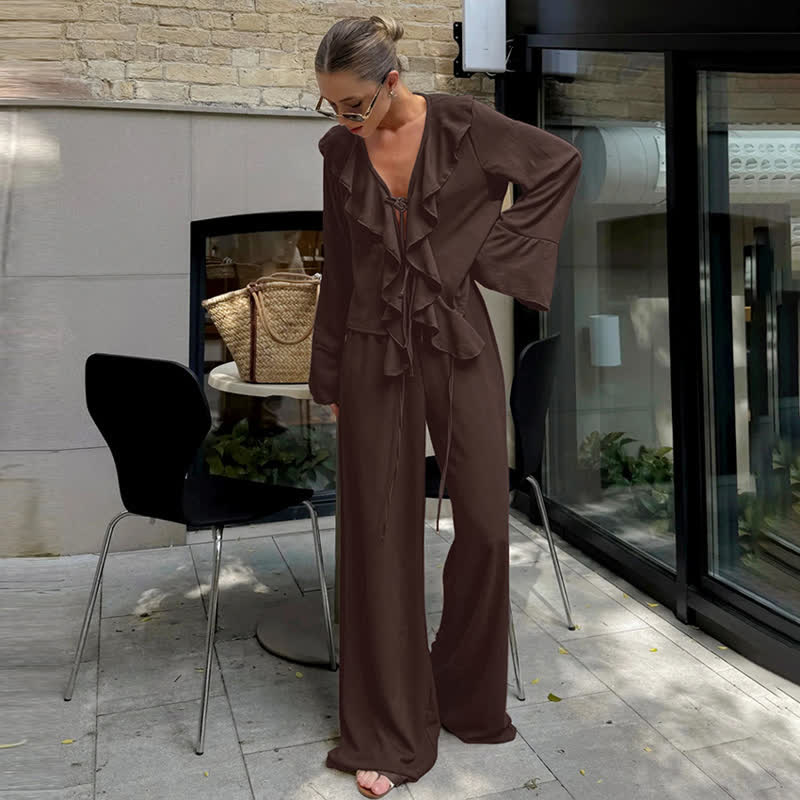 Romantic Ruffle Tie‑Front Loungewear Set