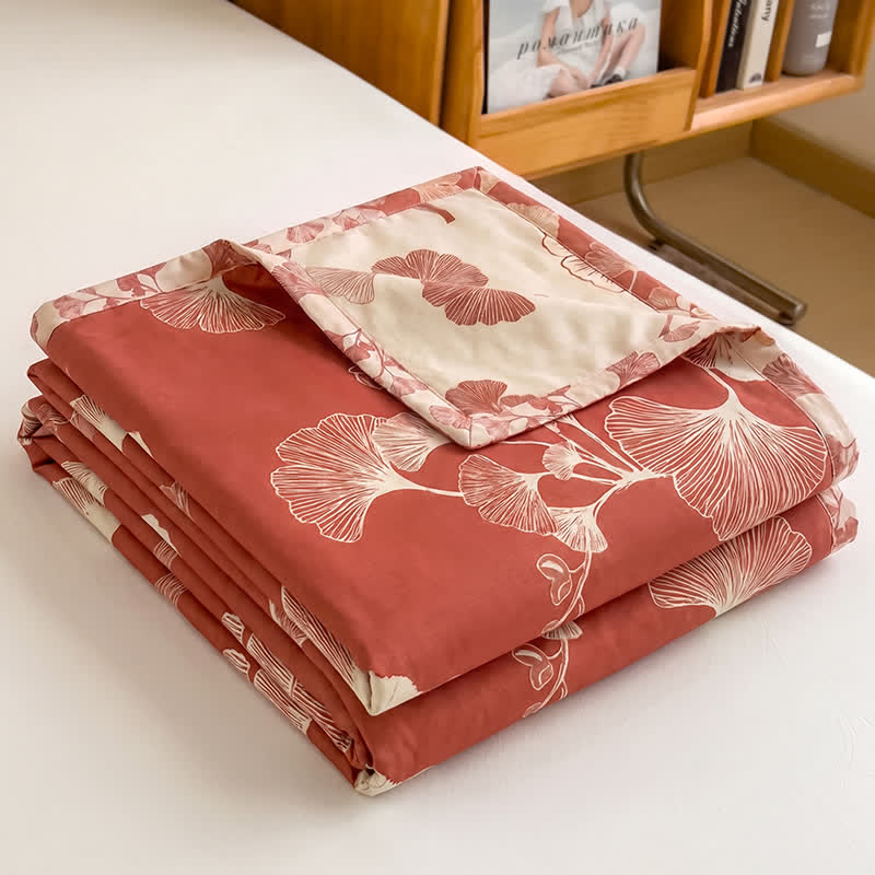 Red Ginkgo Leaf Cotton Bedspread Set