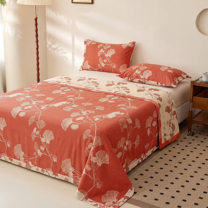 Red Ginkgo Leaf Cotton Bedspread Set