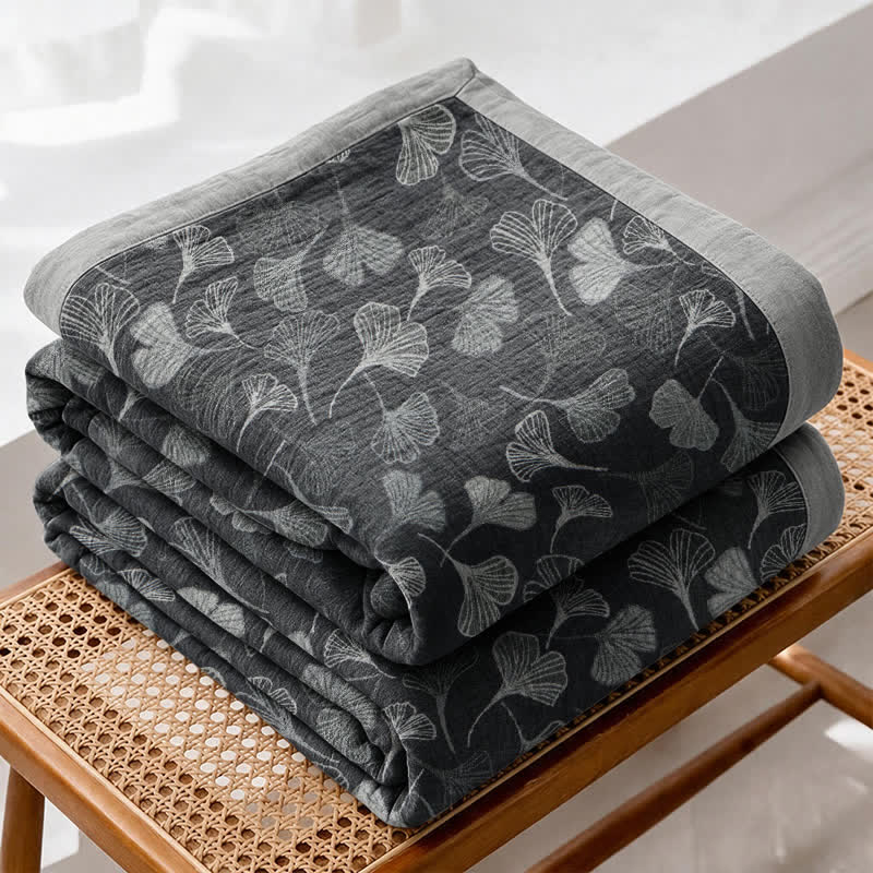 Grey‑Black Ginkgo Leaf Cotton Blanket