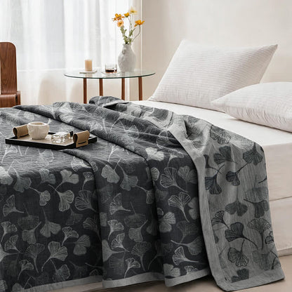 Grey‑Black Ginkgo Leaf Cotton Blanket
