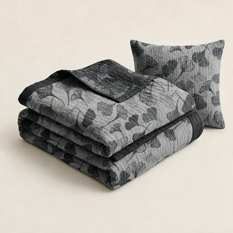 Grey‑Black Ginkgo Leaf Cotton Blanket