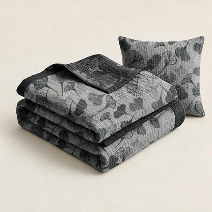 Grey‑Black Ginkgo Leaf Cotton Blanket