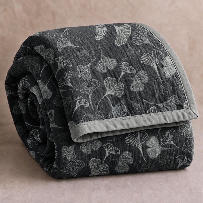 Grey‑Black Ginkgo Leaf Cotton Blanket