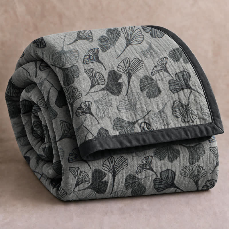 Grey‑Black Ginkgo Leaf Cotton Blanket