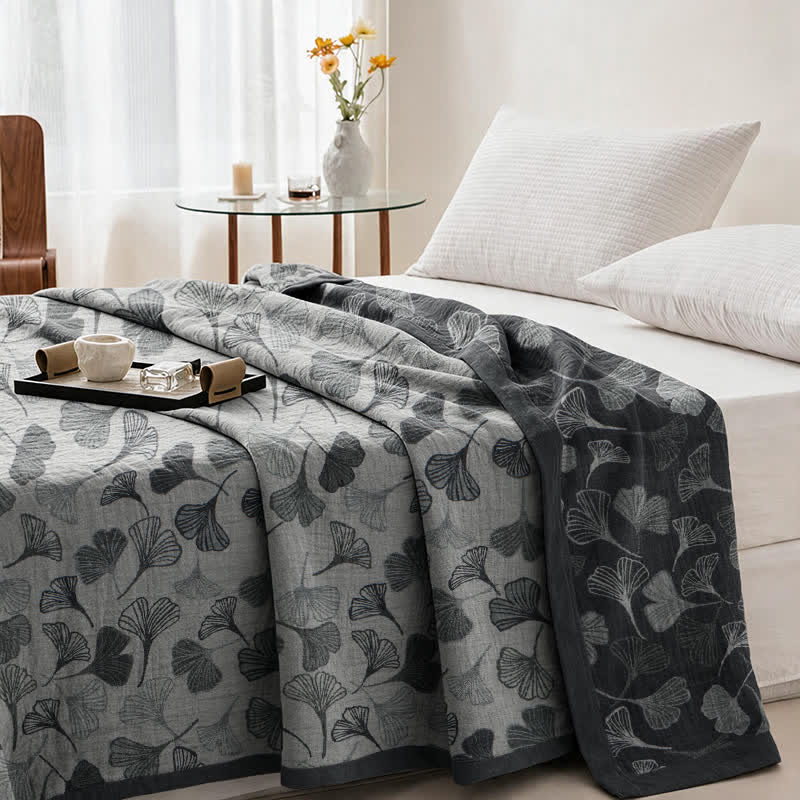 Grey‑Black Ginkgo Leaf Cotton Blanket