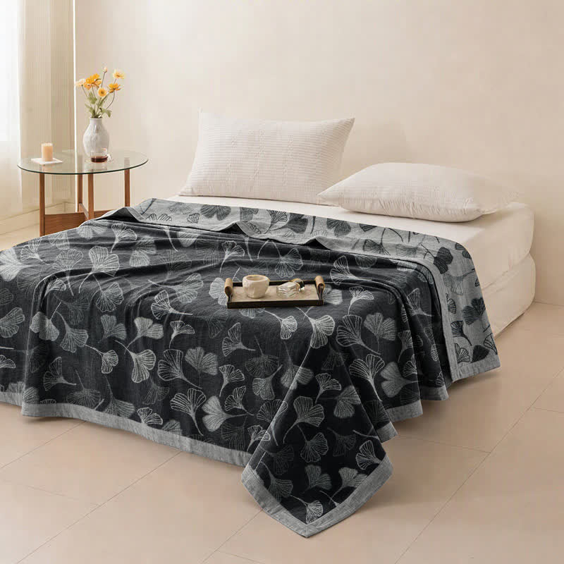 Grey‑Black Ginkgo Leaf Cotton Blanket