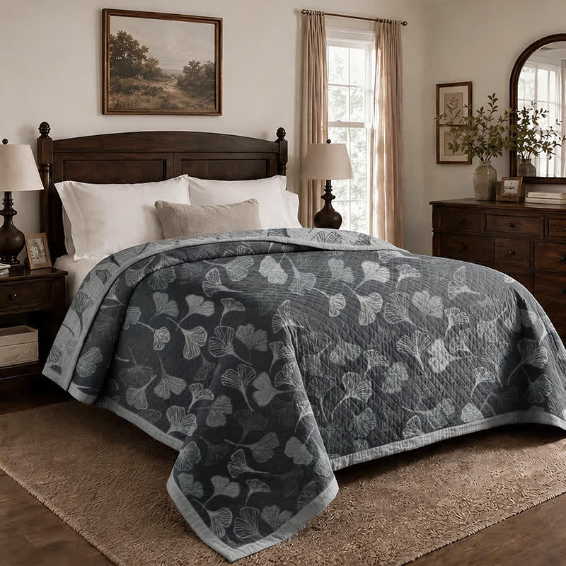 Grey‑Black Ginkgo Leaf Cotton Blanket