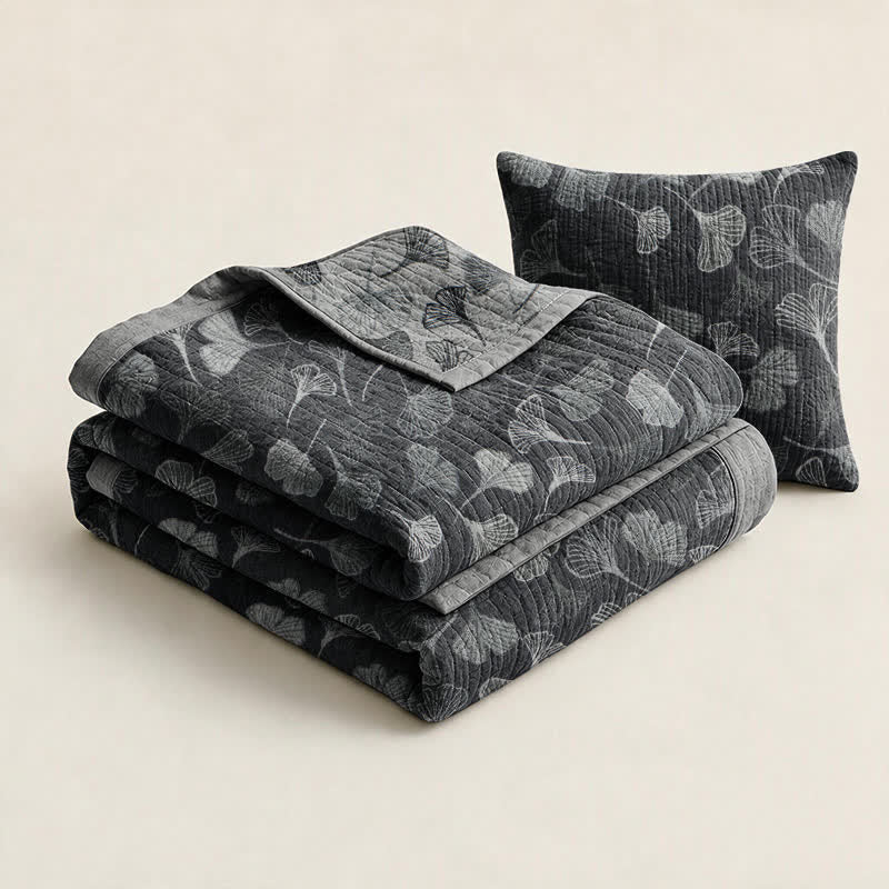 Grey‑Black Ginkgo Leaf Cotton Blanket