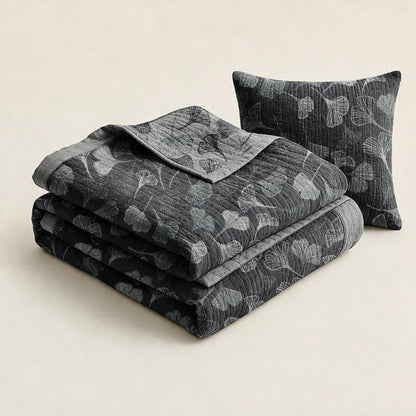 Grey‑Black Ginkgo Leaf Cotton Blanket