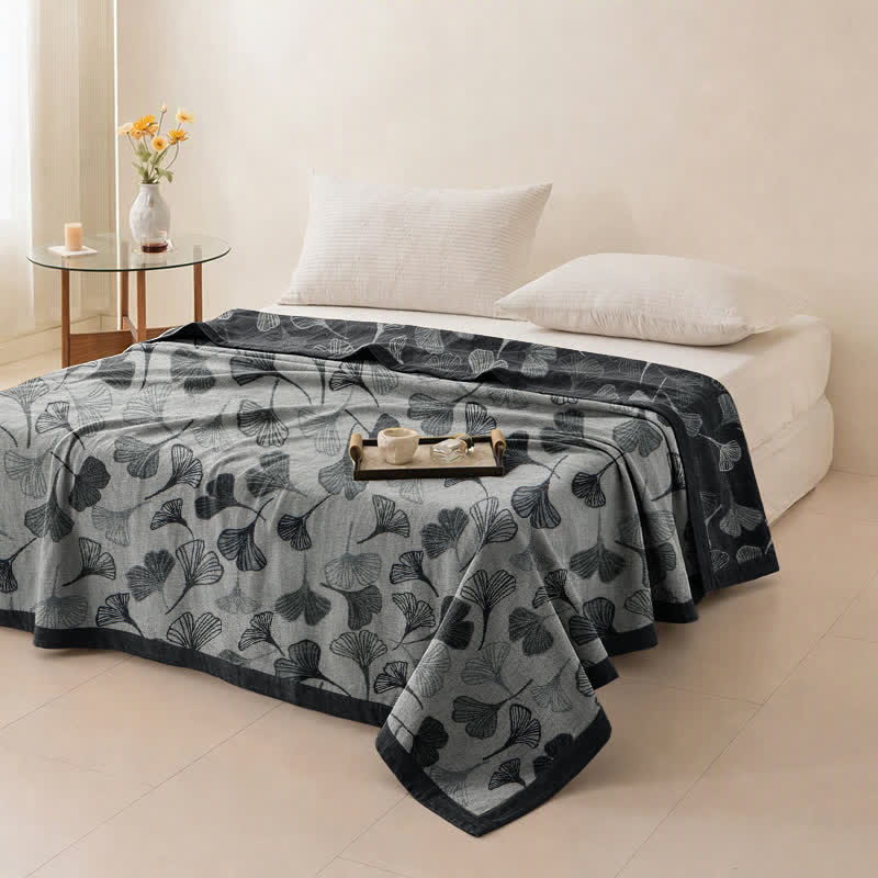 Grey‑Black Ginkgo Leaf Cotton Blanket