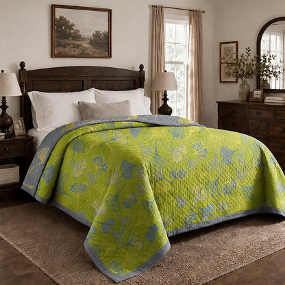Green‑Gray Ginkgo Leaf Cotton Blanket