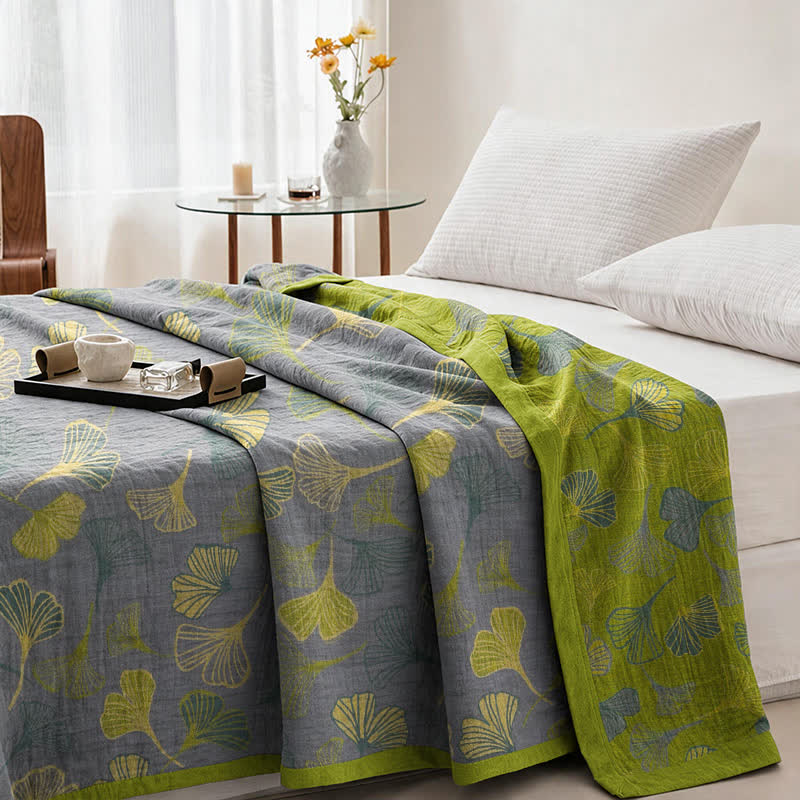 Green‑Gray Ginkgo Leaf Cotton Blanket