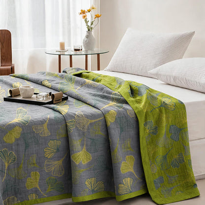 Green‑Gray Ginkgo Leaf Cotton Blanket