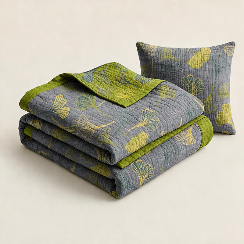 Green‑Gray Ginkgo Leaf Cotton Blanket
