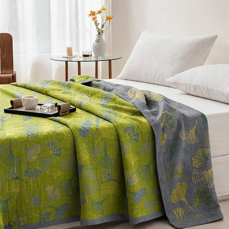 Green‑Gray Ginkgo Leaf Cotton Blanket