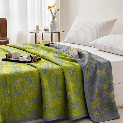 Green‑Gray Ginkgo Leaf Cotton Blanket