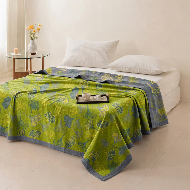 Green‑Gray Ginkgo Leaf Cotton Blanket