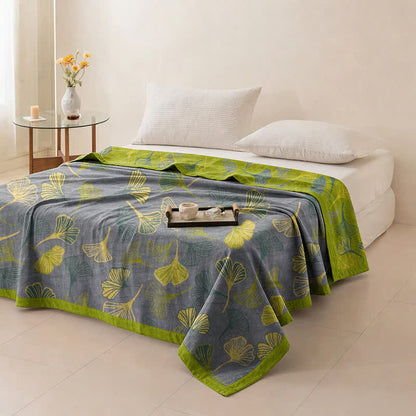 Green‑Gray Ginkgo Leaf Cotton Blanket