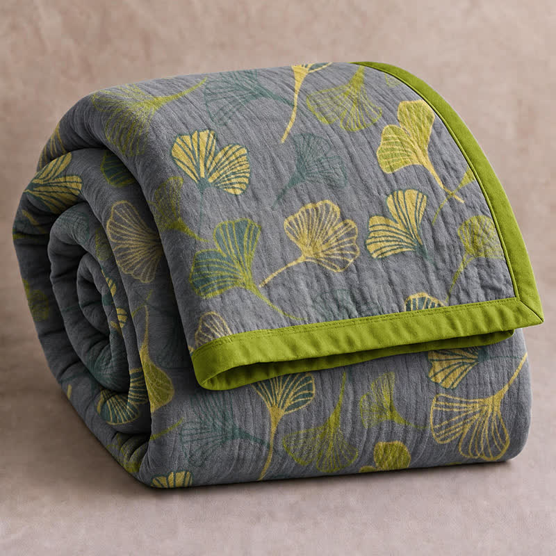 Green‑Gray Ginkgo Leaf Cotton Blanket
