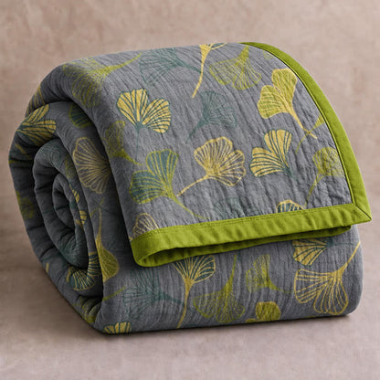 Green‑Gray Ginkgo Leaf Cotton Blanket