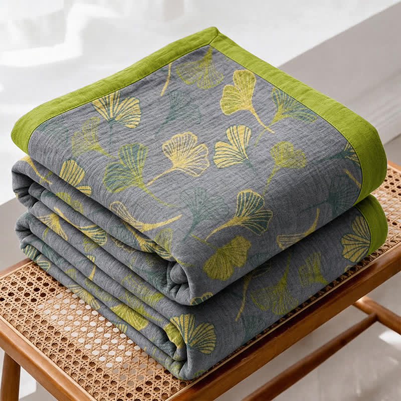 Green‑Gray Ginkgo Leaf Cotton Blanket