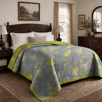 Green‑Gray Ginkgo Leaf Cotton Blanket