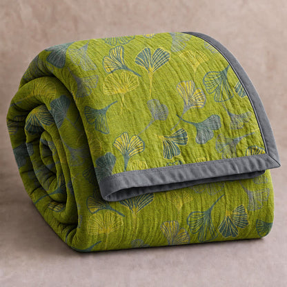 Green‑Gray Ginkgo Leaf Cotton Blanket