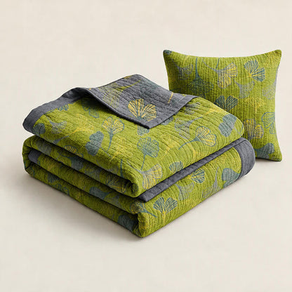 Green‑Gray Ginkgo Leaf Cotton Blanket