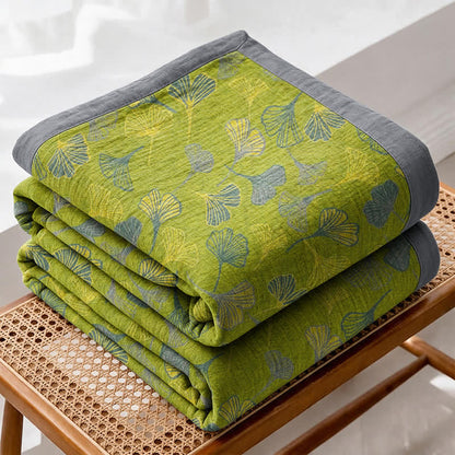 Green‑Gray Ginkgo Leaf Cotton Blanket