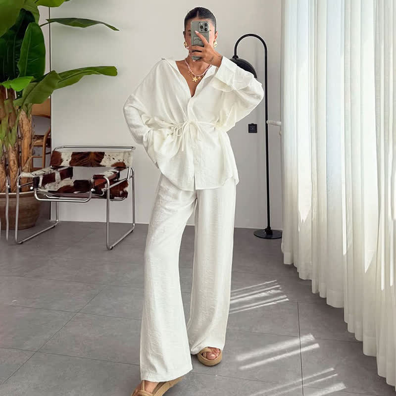 Solid Color Textured Crinkle Loungewear Set