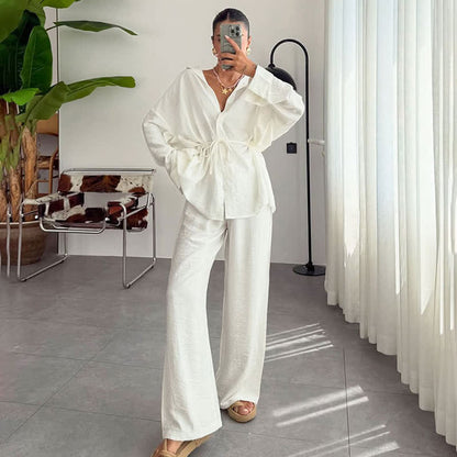 Solid Color Textured Crinkle Loungewear Set