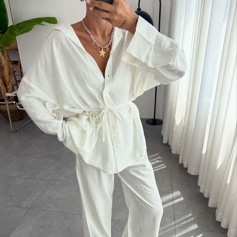 Solid Color Textured Crinkle Loungewear Set